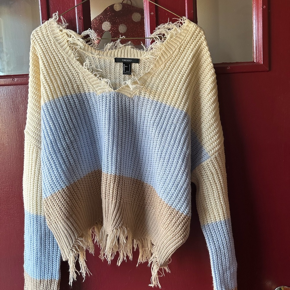 Forever 21 V-Neck Sweater in Cream, Blue, and Tan